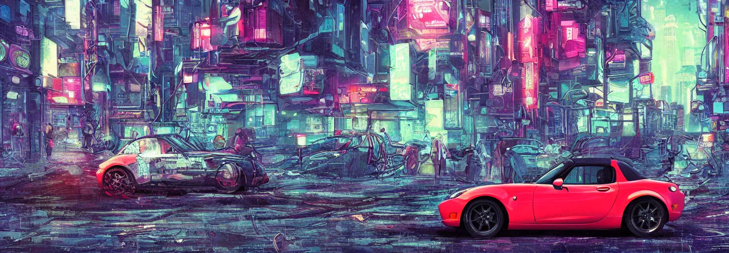 Prompt: a single mazda miata in a cyberpunk city, digital art