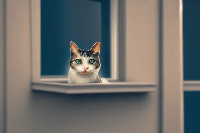 Image similar to vfx film closeup, cat on a window ledge, flat color profile low - key lighting award winning photography arri alexa cinematography, hyper real photorealistic cinematic, atmospheric cool colorgrade