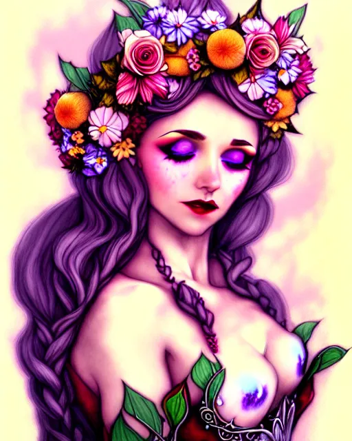 Image similar to burlesque elf, flowers in hair, fantasy character portrait, soft clouds, floral sunset, ultra realistic, concept art, intricate details, art nouveau, cinematic, highly detailed