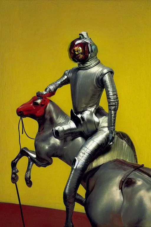 Prompt: a man dressed as a horse riding a horse dressed as an astronaut, hauntingly surreal, highly detailed painting by francis bacon, edward hopper, adrian ghenie, gerhard richter, and james jean soft light 4 k,