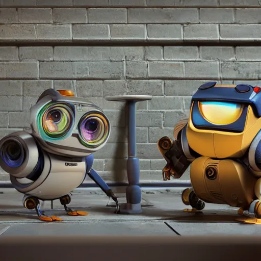 Image similar to two small chubby bots, colourful, smooth panelling, intricate detail, pushing a battery, style of cute pokemon, with damaged rusty arms, antenna, jerboas, floating, white studio, oil, mechanical, cute toy, wall - e, ambient light, in the style of pixar animation, pokedstudios, hyperdetailed, blender, octane render, 8 k,