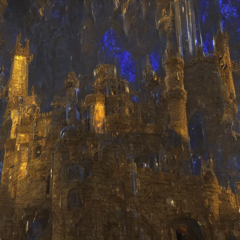 Prompt: a brilliant shining castle fortress made of crystal, stone, gems, stained glass, photo - realism, octane, 4 k, 8 k, ominous