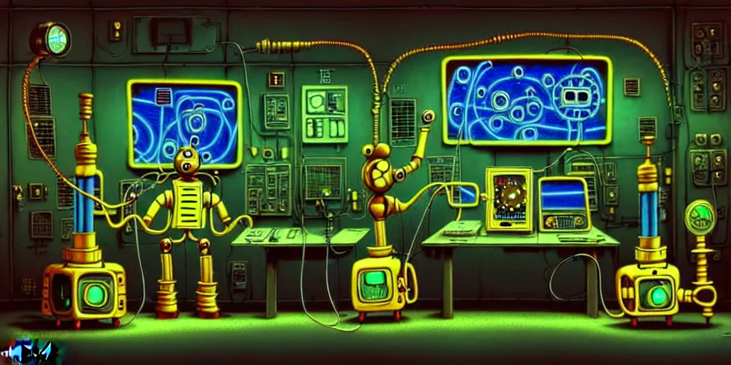 Image similar to steampunk robot happy Funny cartoonish with neon cables at a nuclear control room, by Gediminas Pranckevicius and Felix-Kelly H 704