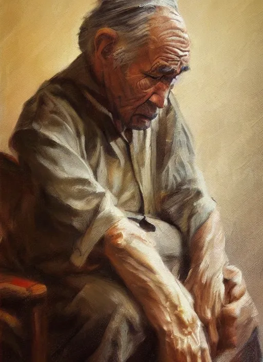 Prompt: concept art oil painting of and Old man by Jama Jurabaev, no glasses, extremely detailed, brush hard, brush strokes, Dorothea Lange, Migrant Mother, artstation