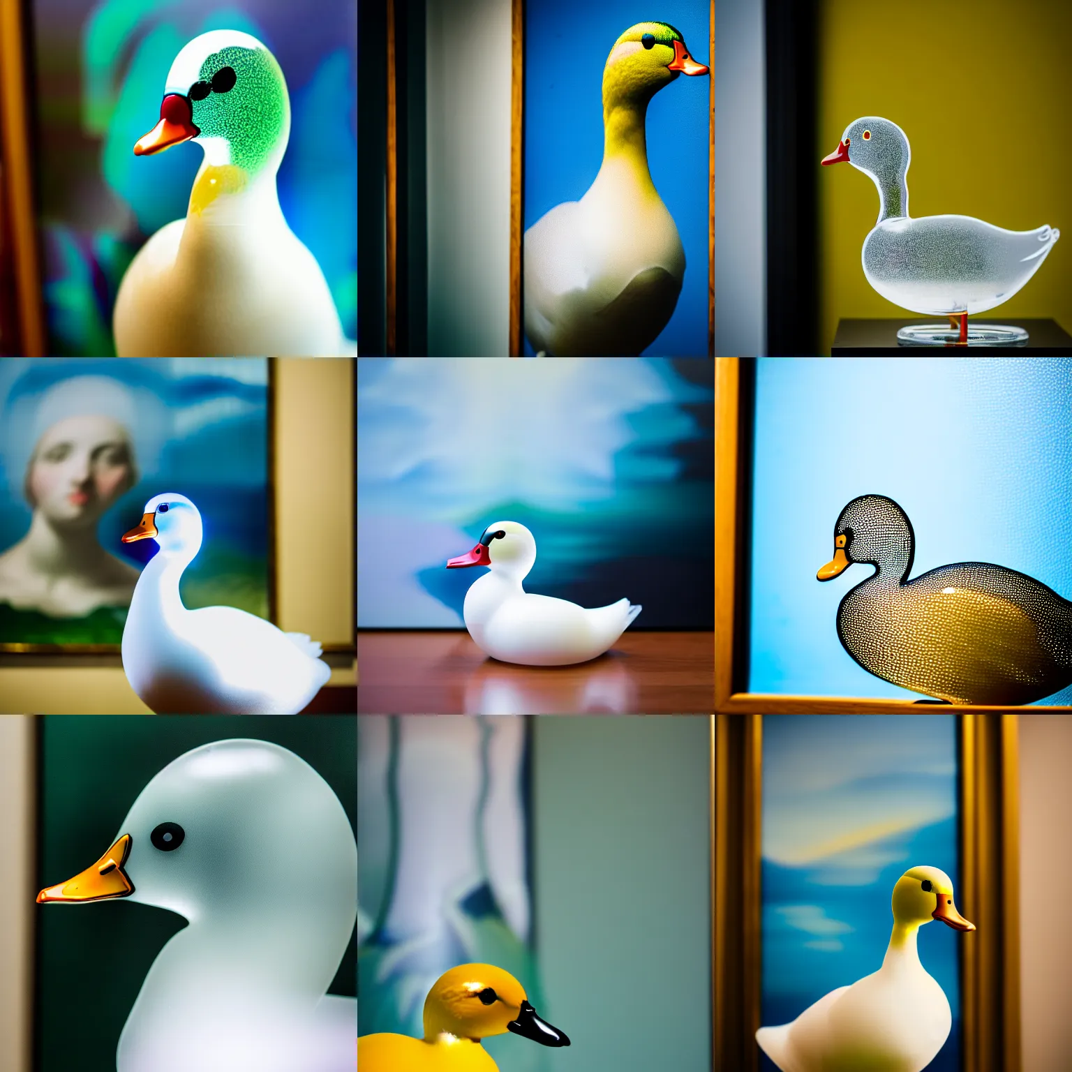 Prompt: a close up photo of a [ transparent clear glass duck in front of a painting ] [ no opaque ], professional photography, sigma 8 5 mm f / 8