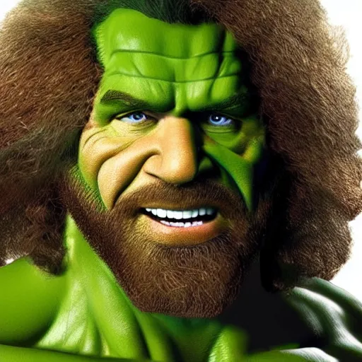 Image similar to photomanipulation of BOB ROSS as hulk with human flesh, marvel, fully detailed, volumetric lightening, octane render