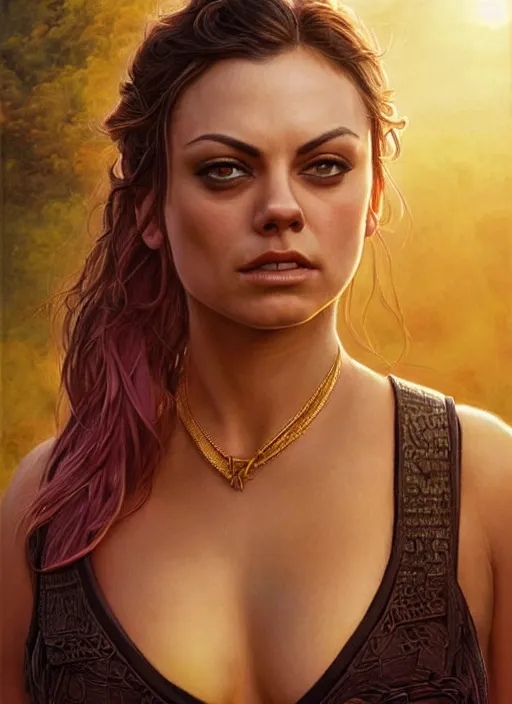 Image similar to epic portrait of Mila Kunis wearing black choker, a very strong muscled Amazon heroine, sun beams across sky, pink golden hour, intricate, elegance, highly detailed, shallow depth of field, epic vista, concept art, art by Artgerm and Donato Giancola, Joseph Christian Leyendecker