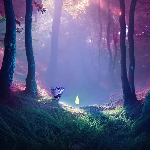 Image similar to beautiful digital fantasy illustration of a hyperrealistic demonic pokemon, nightmare pokemon, the trees of a flowery woodlands glistens as the morning sun touches its leaves with her gentle rays, and colors walk through the forest by alena aenami and arthur adams, octane render, detail texture, unreal engine, 8 k