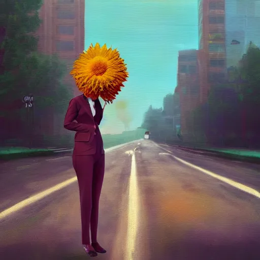 Image similar to giant daisy flower head, frontal, girl in a suit standing on street, surreal photography, sunrise, dramatic light, impressionist painting, digital painting, artstation, simon stalenhag