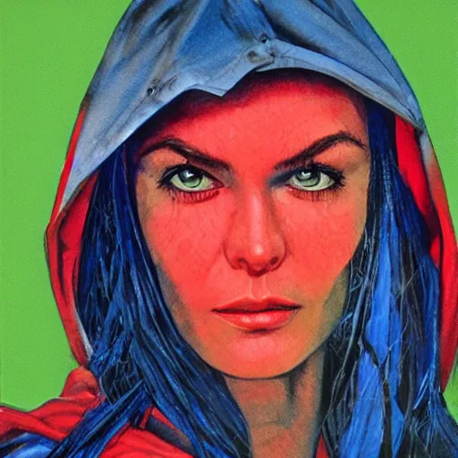 Image similar to photorealistic picture, by bob peak and alex ross and john romita jr, red riding hood lost in miami, gouache and wash paints, fine details, fine intricate, fine facial proportionate, fine body proportionate, smooth focus, sharp details, bokeh, 4 k, fine 5 k details