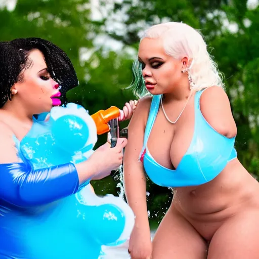 Image similar to photo of doja cat & trisha paytas having a watergun fight, wet, extremely detailed, dslr, 85mm pentax, f/1.3, award winning