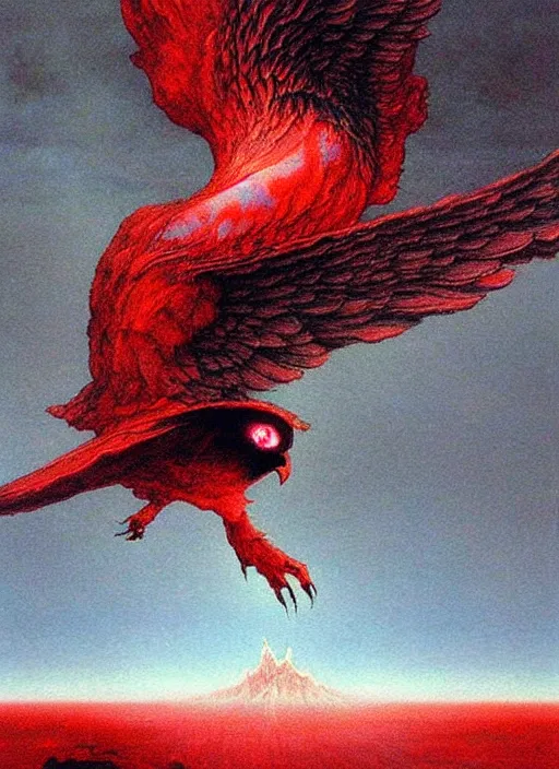 Image similar to a side view of spirit of chthonic demonic pigeon with red eyes, on background red lake on fire, highly detailed, art by Ayami Kojima, Beksinski, Giger