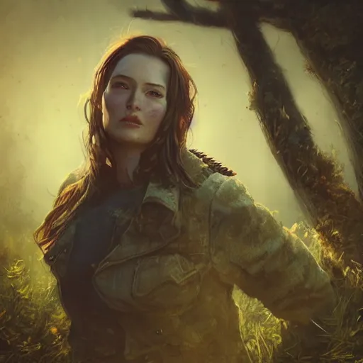 Prompt: fallout 5, charismatic beautiful rugged female scavenger, portrait, outdoors forest campsite, atmospheric lighting, painted, intricate, volumetric lighting, beautiful, daytime, springtime, slight overcast, sharp focus, deep colours, ultra detailed, by leesha hannigan, ross tran, thierry doizon, kai carpenter, ignacio fernandez rios