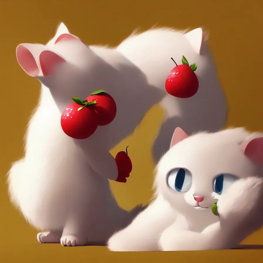 Image similar to Goro Fujita ilustration a very pretty baby cat, with fluffy white fur on top of fresh fruit, painting by Goro Fujita, sharp focus, highly detailed, ArtStation