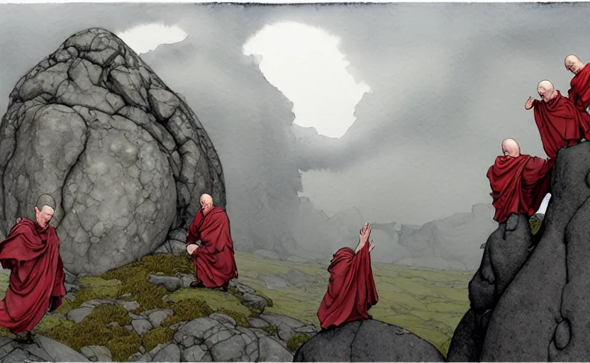 Prompt: a hyperrealist watercolour concept art of a group of grey monks levitating a huge rock in the air over their head. it is a misty night on the moors of ireland. a large flat rock is in the sky. by rebecca guay, michael kaluta, charles vess and jean moebius giraud. high detail, hq, wide shot