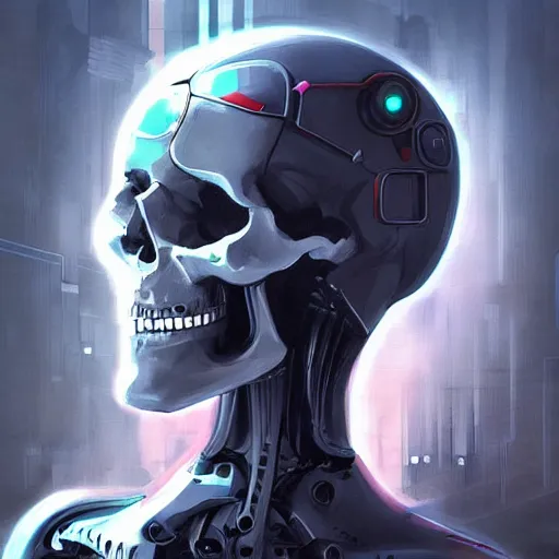 Image similar to skull - headed robot cyborg painting, illutstration, concept art, cyberpunk, futurism, comics art, artgerm, full body shot