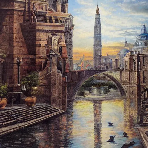 Image similar to by gabriele dell'otto blocks, unified aztec, ancient roman painting. a beautiful print of a cityscape with tall spires & delicate bridges.