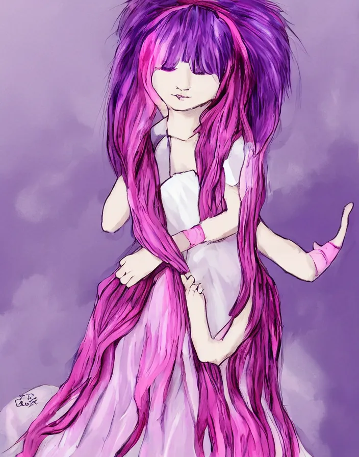 Image similar to little girl with eccentric pink hair wearing a dress made of purple feather, art by dcwj