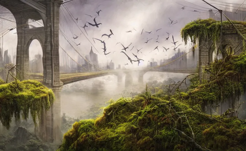 Image similar to an epic landscape view of vines and moss growing on the brooklyn bridge, moss, jungle, with pterosaurs flying, close - up, low angle, wide angle, atmospheric, volumetric lighting, cinematic, very realistic, sharp, highly detailed digital art, painted by tyler edlin