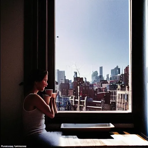 Image similar to “ a girl holding a cup of coffee looking out a window overlooking the east village in new york city, morning light, by gregory crewdson ”