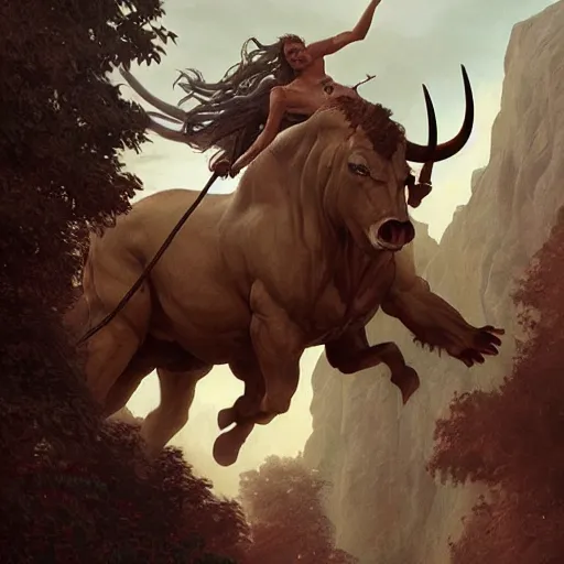 Image similar to a monstrous 40 foot tall bull-centaur, nightmare fuel, highly detailed, digital painting, artstation, concept art, sharp focus, illustration, cinematic lighting, art by artgerm and greg rutkowski and alphonse mucha