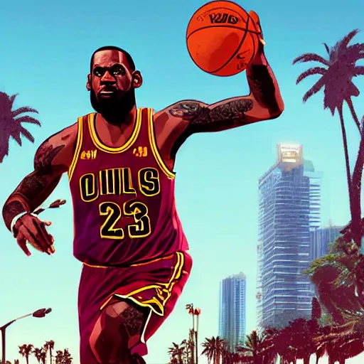 Image similar to happy lebron james, gta v cover art, art by stephen bliss, matte painting