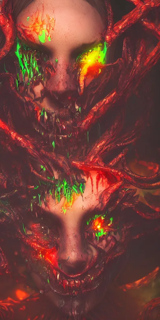 Image similar to impossibly beautiful demon hunter in the depths of hell battling demons, intricate complexity, horror, psychedelic glitch art, rainbow drip paint, trending on art station, photoreal, 8k, octane render