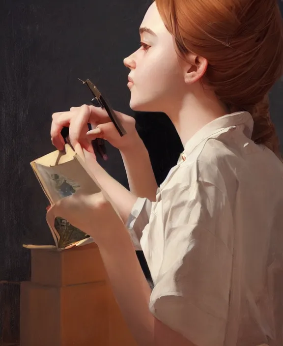 Prompt: an ultradetailed beautiful portrait painting of a girl as an antiquarian, side view, oil painting, high resolution, by ilya kuvshinov, greg rutkowski and makoto shinkai