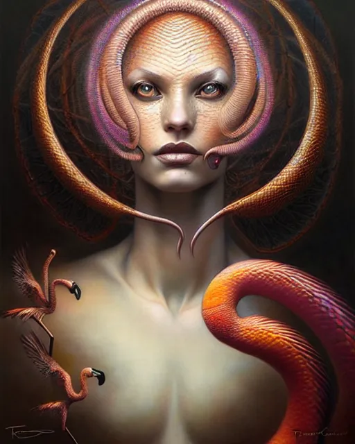 Image similar to a detailed portrait of dreampunk flamingo python hybrid mix beautiful! goddess by tomasz alen kopera and peter mohrbacher