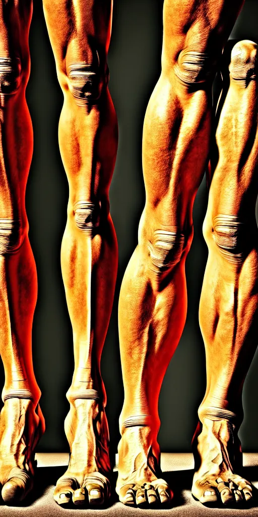 Image similar to muscular legs, broad feet, cross between elephant and human legs, sturdy columns for supporting a giant's weight, sinewy, supportive, striated, strong, modesty, properly dressed, leg focus, photographic realism