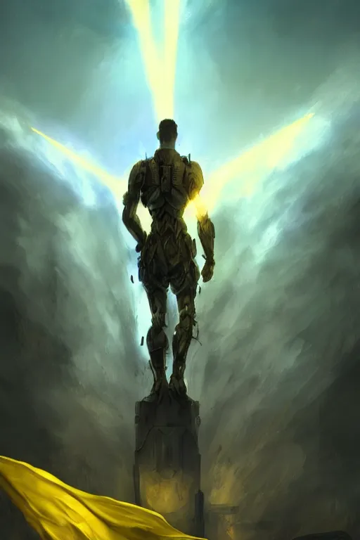 Image similar to a distant shot of a single super soldier with blue and yellow flag and standing alone on a huge pile of human skulls as a winner, masculine figure, D&D, fantasy, volumetric lights, beam of bright light through the clouds, intricate, elegant, highly detailed, extremely detailed, digital painting, artstation, concept art, matte, smooth, sharp focus, hyper realistic, illustration, art by Artgerm and Greg Rutkowski and Alphonse Mucha