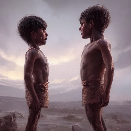 Image similar to portrait, 5 year old male twins in ancient Canaanite clothing looking at each other suspiciously, dramatic lighting, cinematic, establishing shot, high detail, photo realistic, cinematic lighting, post processed, concept art, artstation, matte painting, style by eddie mendoza, raphael lacoste, alex ross