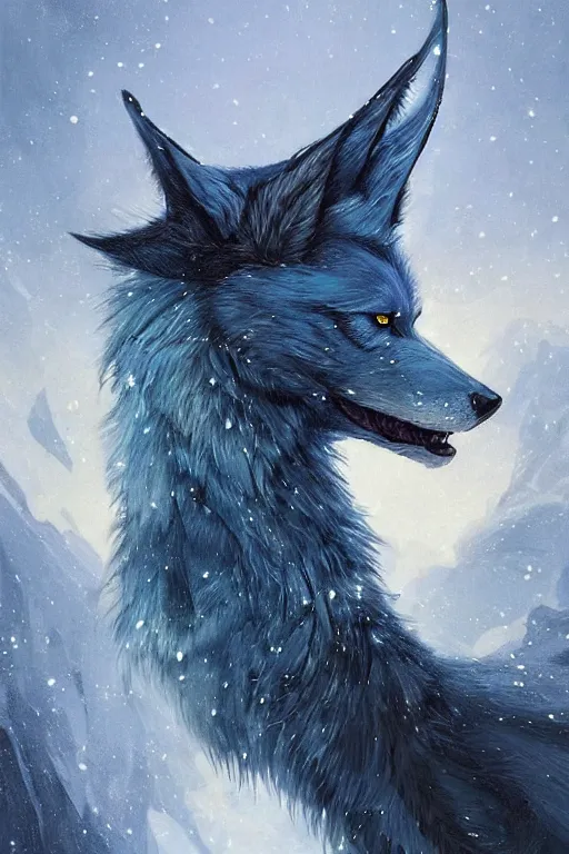 Image similar to blue wolf with wings, facing front, regal, elegant, winter, snow, beautiful, stunning, hd, illustration, epic, d & d, fantasy, intricate, elegant, highly detailed, digital painting, artstation, concept art, smooth, sharp focus, illustration, wallpaper, art by artgerm and greg rutkowski and alphonse mucha and jin xiaodi