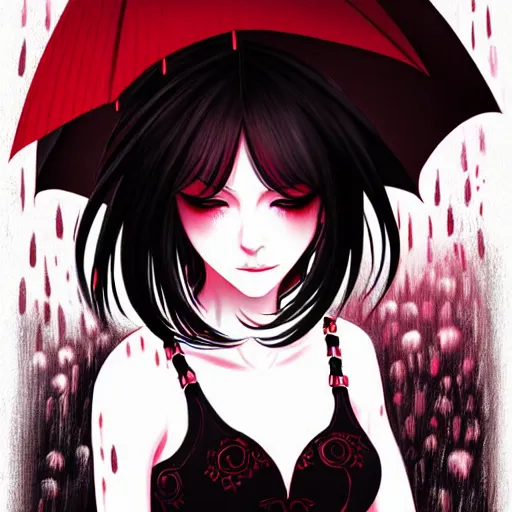 Prompt: beautiful seductive female ghost, in the rain, highly detailed, painting, dark red and black color palette, intricate, high quality anime artstyle, in the style of sana takeda