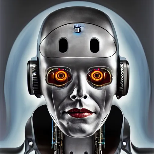 Image similar to a cyborg robot designed by tesla, hyper realistic, detailed portrait,