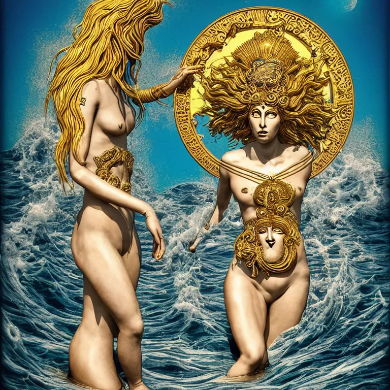 Image similar to female deity moon goddess coming out of high tide water, hyperrealism, eccentric, unreal, jamie jones, electrifying, golden ratio, hyper maximalist, elegant, ornate, luxury, elite, ominous