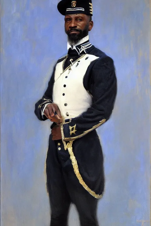 Image similar to full body portrait of the dictator of the orlando magic, 1 8 8 9, in full military garb, magic blue, silver, and black, shaquile o'neil, oil on canvas by william sidney mount, trending on artstation