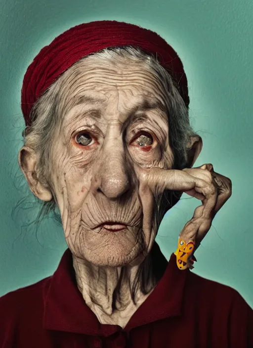Image similar to an old woman with a weird look on her face, a surrealist painting by Martin Schoeller, shutterstock contest winner, pop surrealism, angelic photograph, stock photo, photoillustration