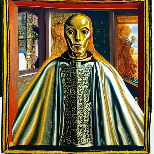Image similar to a portrait of a shiny metallic renaissance robot, in the style of Jan van Eyck,