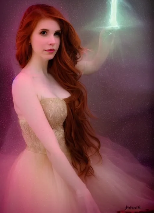 Image similar to of ethereal fantasy, young beautiful Amouranth, elegant, ethereal dreamy light, art by James Jeani