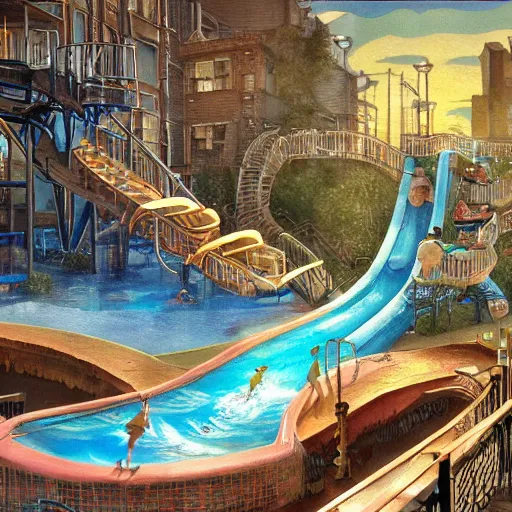 Prompt: waterpark in an east side downtown tenement apartments waterslides painting by brain froud, charles vess, cinematic lighting, epic composition, highly detailed