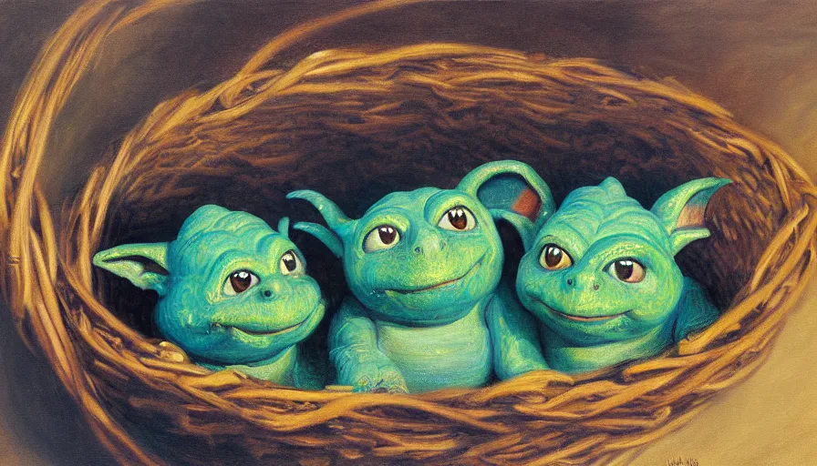 Prompt: highly detailed painting of boglins cuddling up in a basket by william turner, thick brush strokes and visible paint layers, 4 k resolution