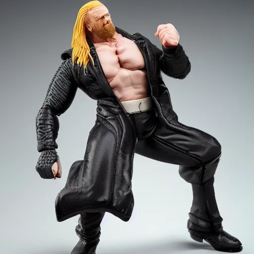 Image similar to Full body shot of a highly detailed flexible Triple H vinyl figurine as a villain, white background, 3d, high quality, depth of field, high contrast, 8k, concept art, smooth, sharp focus, highly detailed, wrestling, WWE
