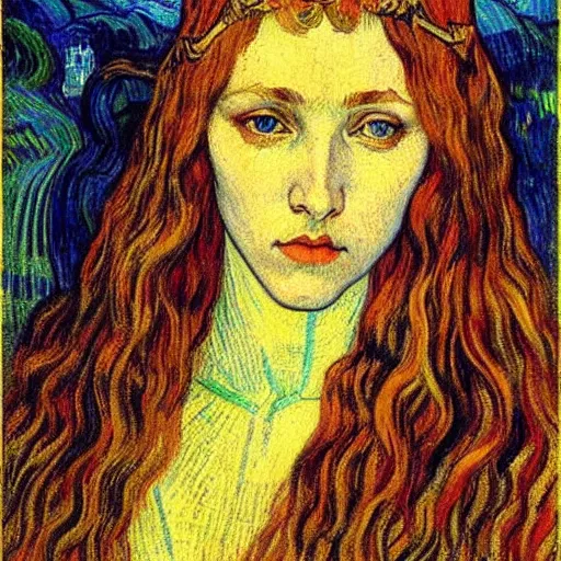 Image similar to detailed realistic beautiful young medieval queen face portrait by jean delville and vincent van gogh, art nouveau, symbolist, visionary, gothic, pre - raphaelite