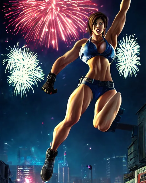 Image similar to gigachad jill valentine bodybuilder jumping in front of a fireworks show fighting in racoon city, fantasy character portrait, ultra realistic, anime key visual, full body concept art, intricate details, highly detailed by greg rutkowski, ilya kuvshinov, gaston bussiere, craig mullins, simon bisley