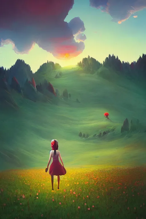 Image similar to giant daisy flower head, girl walking in the mountains, surreal photography, sunrise, dramatic light, impressionist painting, colorful clouds, digital painting, artstation, simon stalenhag