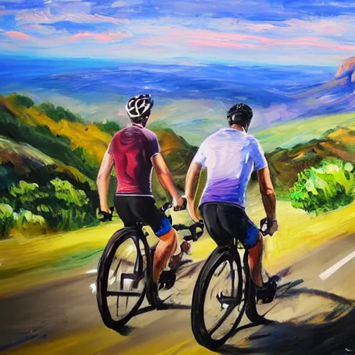 Image similar to 3 friends on professional road bycycles riding in the mountains of Mallorca, sea in the background, oil painting, 4k