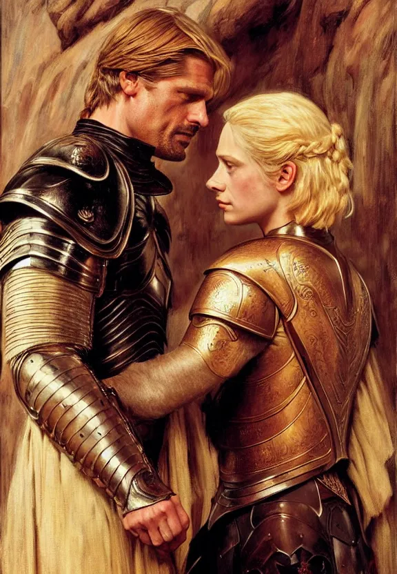 Image similar to attractive fully clothed jaime lannister confesses his love for attractive fully clothed armored brienne of tarth. highly detailed painting by gaston bussiere and j. c. leyendecker 8 k