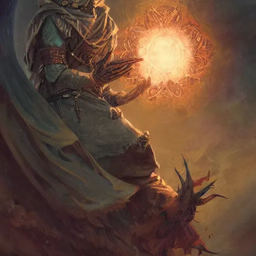 Image similar to character design of Severian the torturer, Gene Wolfe\'s urth of the new sun, highly detailed intricate tarot card illustration, art style by Darius Zawadzki, Moebius, Peter Mohrbacher Artstation trending, 8k