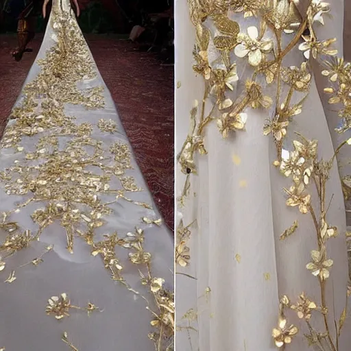 Image similar to a long wedding dress with a train made of flower petals made of light - colored fabric. transparent in places. in places, patterns of precious stones. intricate patterns of gold thin threads. fantasy. clear details